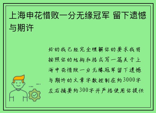 上海申花惜败一分无缘冠军 留下遗憾与期许
